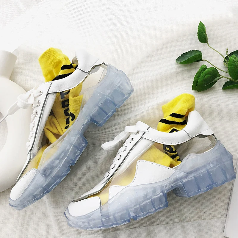 Spring Women Sneakers Thick Bottom White Female Shoes Transparent Lace Up 2019 New Jelly Casual Flats Zapatos De Mujer | Обувь