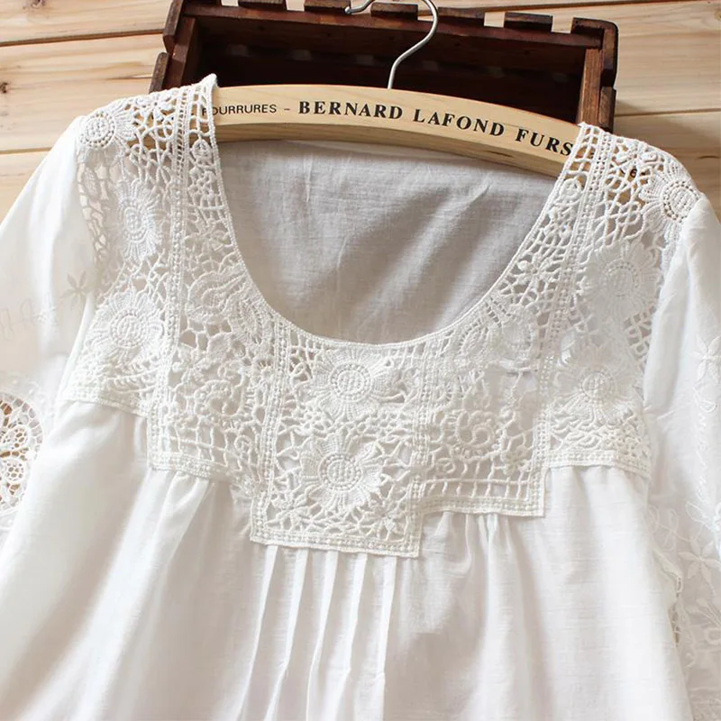 Женская кружевная рубашка повседневная белая с ажурной вышивкой U106|shirt top|mori girlmori top |