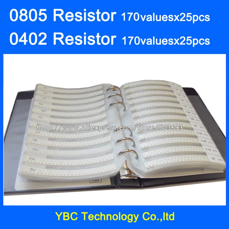 0805 SMD Resistor 0R~20M 1% 170valuesx25pcs=4250pcs & 0402 Resistor 170valuesX25pcs=4250pcs 0R~10M Sample Book