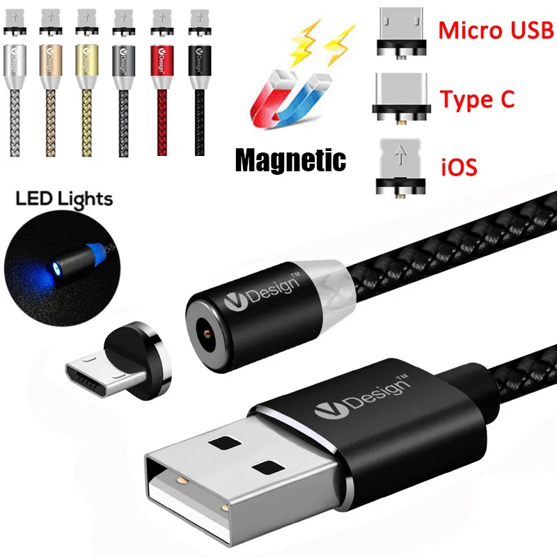 1 м 2 светодиодный Круглый Магнитный Micro USB/Type C/IOS кабель для быстрой зарядки iPhone 8 7