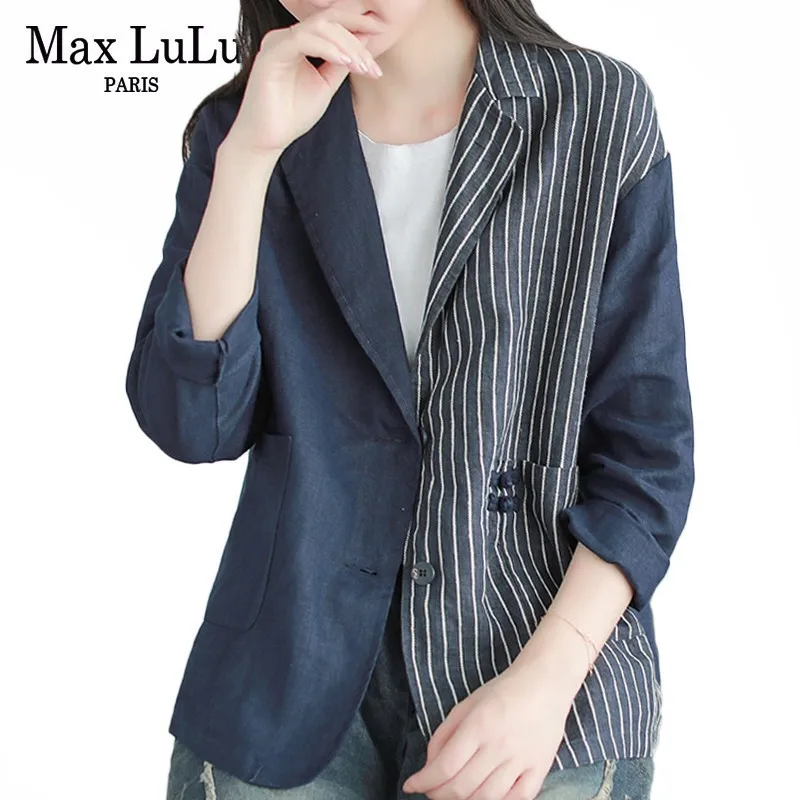 Max LuLu Осенняя модная Корейская одежда женская льняная уличная Женская Полосатая джинсовая куртка винтажное повседневное пальто ветровка