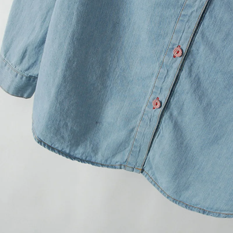 Japanese Mori Style Women Floral Pattern Light Blue Denim Shirt Turn Long Sleeve Down Collar Flowers Printed Jean Shirts | Женская