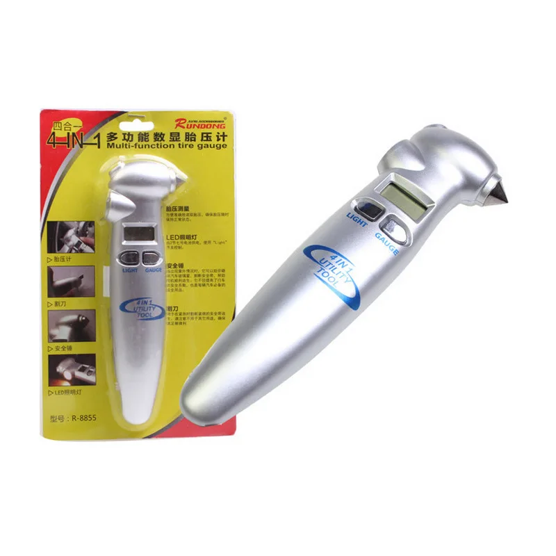 

Car Utility Tool Digital Light Tire Pressure Gauge Multi-function Safety Hammer Flashlight Utility Knife LED Light 4 in 1