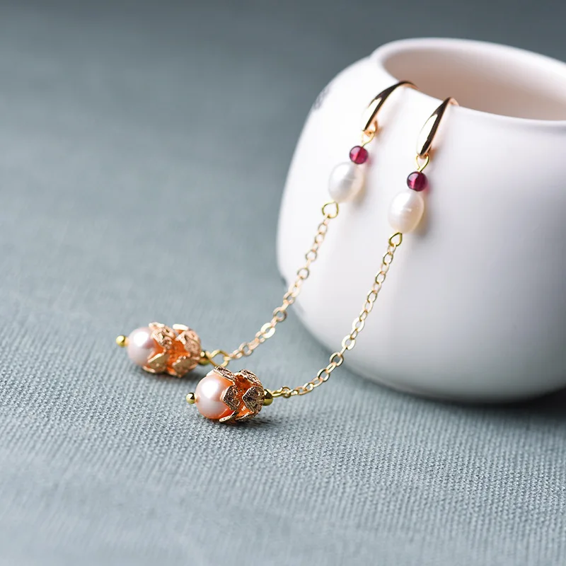 

Luxurious Vintage 14k Gold Earring For Women Trendy Freshwater Pearl Drop Earrings Red Agate Dangle Earrings Fine Jewelry