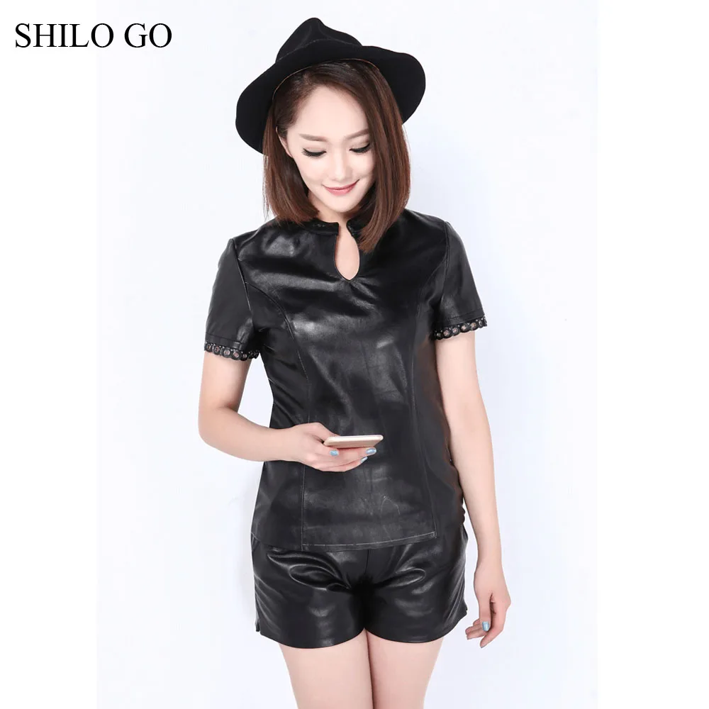SHILO GO кожаная Блузка Женская Осенняя мода Овчина натуральная кожа блузка Чонсам воротник кружева кожа Сращивание эластичный