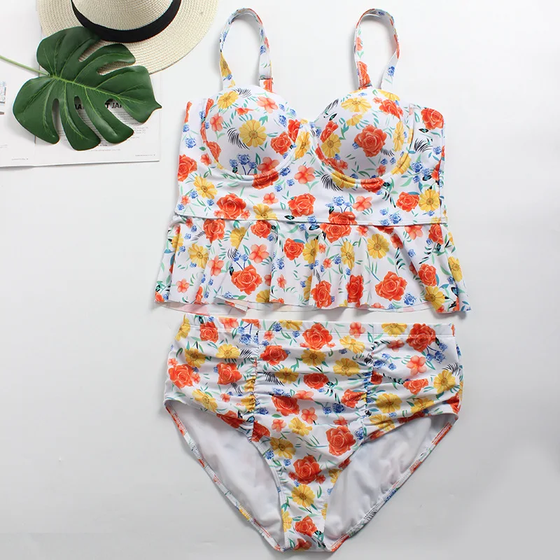 Floral a Print На косточках пуш-ап размера плюс купальники для женщин контроль живота купальник бикини Femme Купальники 2 шт купальные костюмы танкини набор - Цвет: Floral a Print