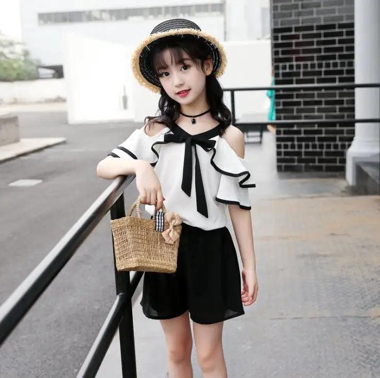 Комплект детской шифоновой одежды для девочек топы с открытыми плечами и шорты 2