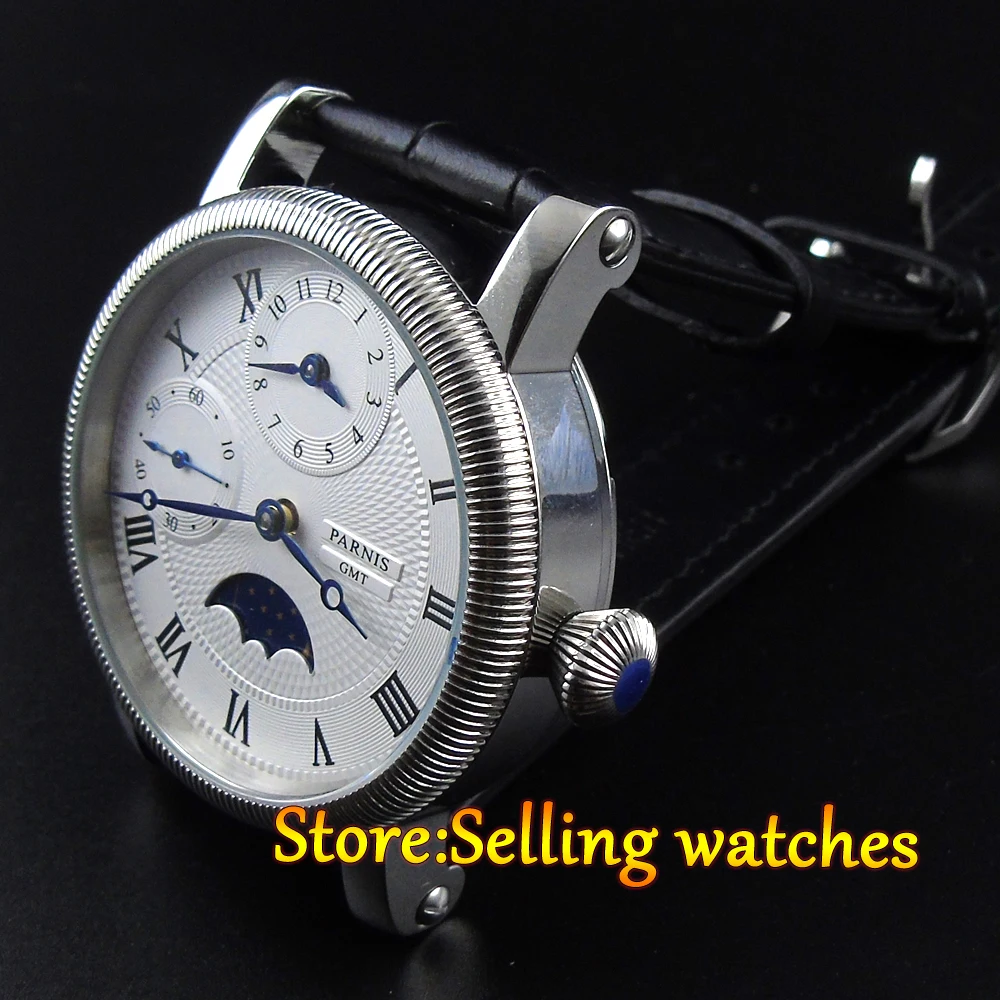 42 мм Мужские часы parnis с белым циферблатом GMT Moon Phase