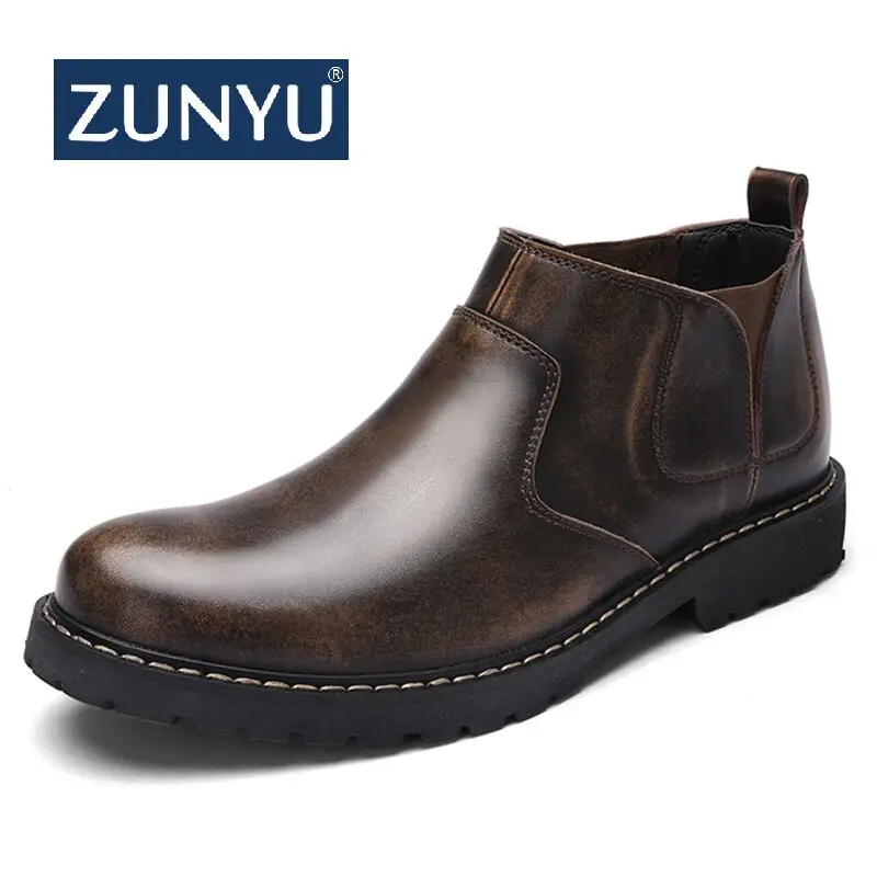 Мужские ботинки ZUNYU черные повседневные из натуральной кожи без шнуровки на