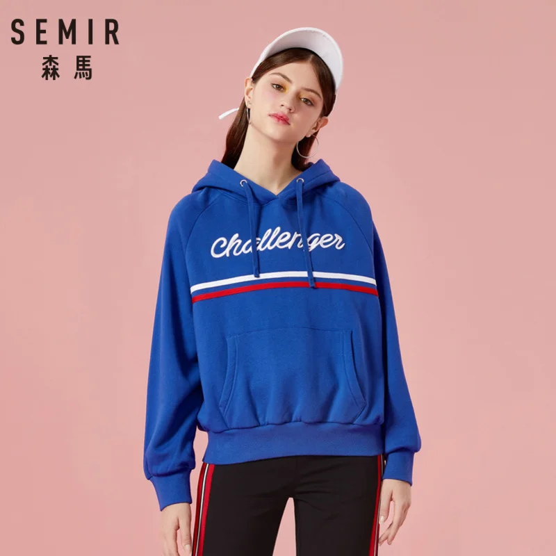 SEMIR Женская флисовая полосатая толстовка с капюшоном карманом-кенгуру вышитый