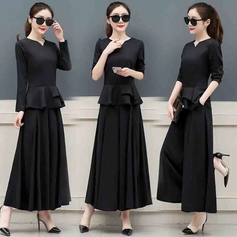 Women Two piece set 2019 Spring Autumn Elegant Lady Work Office Long sleeve Tops + Elastic waist Loose Wide Leg Pants |