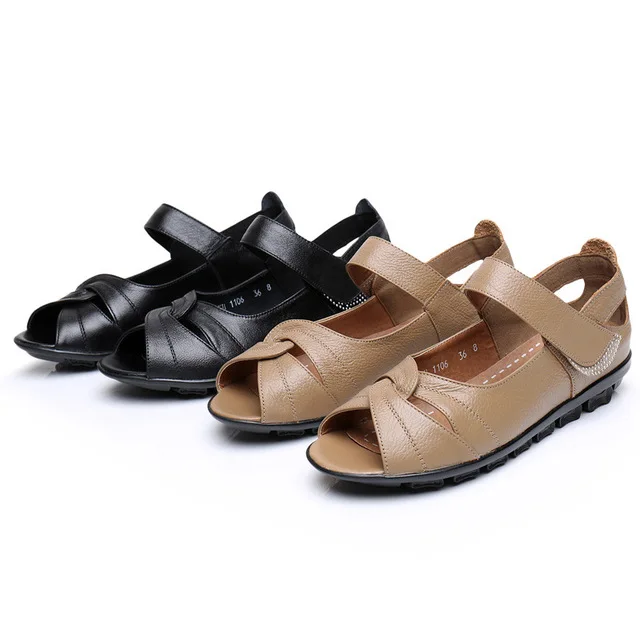 Новые летние кожаные сандалии на плоской подошве Повседневная нескользящая