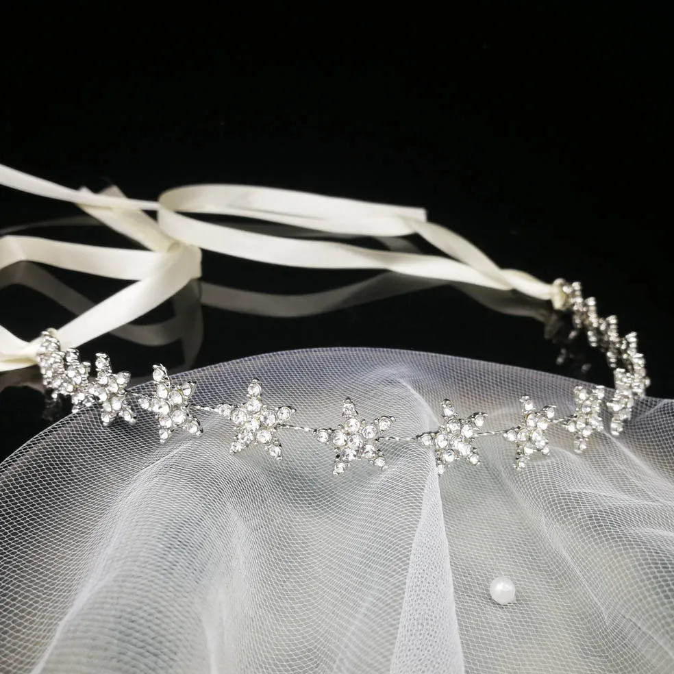 Headband with Ribbon Роскошные серебряные хрустальные стразы, звездная тиара, свадебная корона-тиара, повязка на голову, головной убор невесты, Женские Ювелирные изделия для волос, аксессуары - Окраска металла: Headband with Ribbon