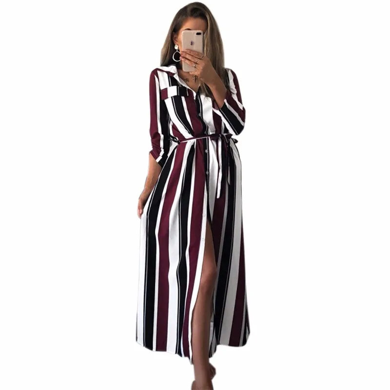 2018 женское осенне-зимнее Полосатое длинное платье-рубашка модное с отложным