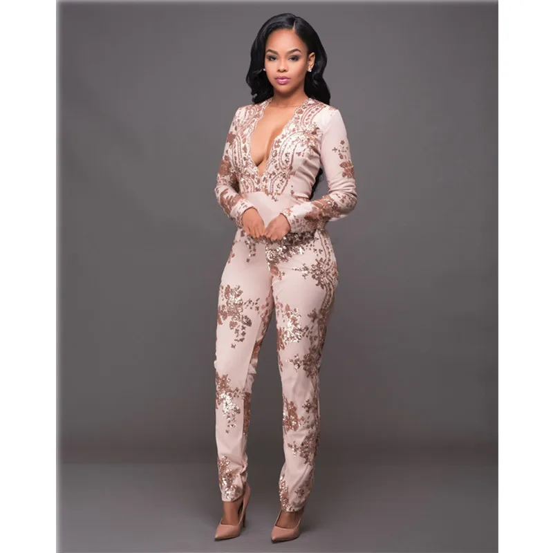 Sequin Jumpsuit Women Deep V neck Long Sleeve Bodycon Jumpsuits Sexy mesh Patchwork Rompers ladies Glitter Club Party Overalls