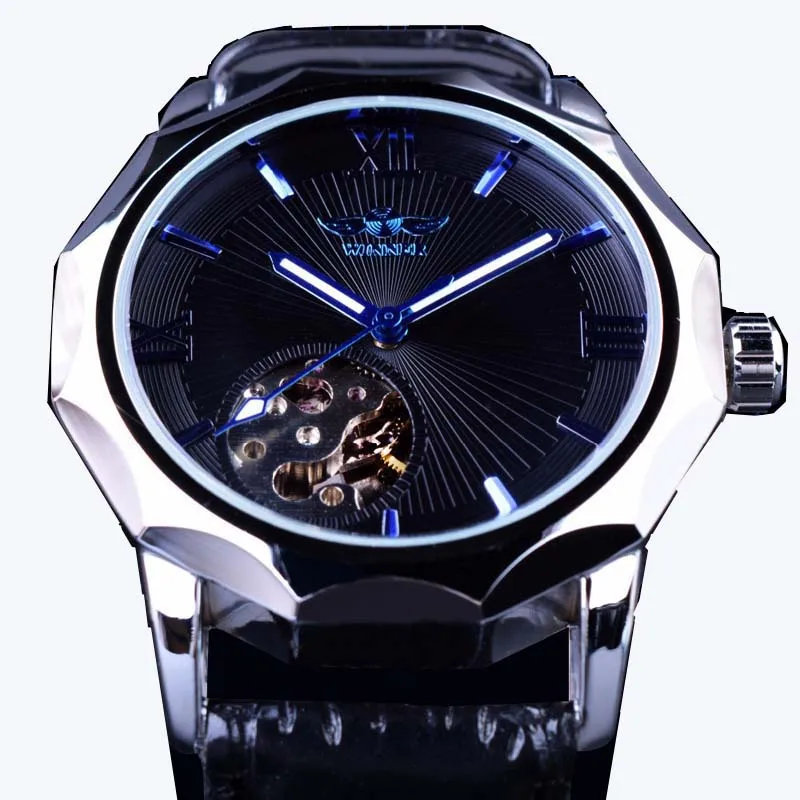 

2019 Top Brand Fashion Winner Blue Ocean Geometry Design Transparent Skeleton Dial Mens Watch Luxury Automatic Mechanical Clock