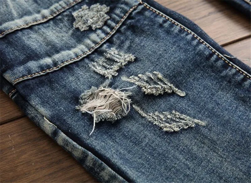 Новое поступление осень Горячая Распродажа distressed рваные джинсы для мужчин Байкер лоскутное плиссированные прямые полной длины джинсовые