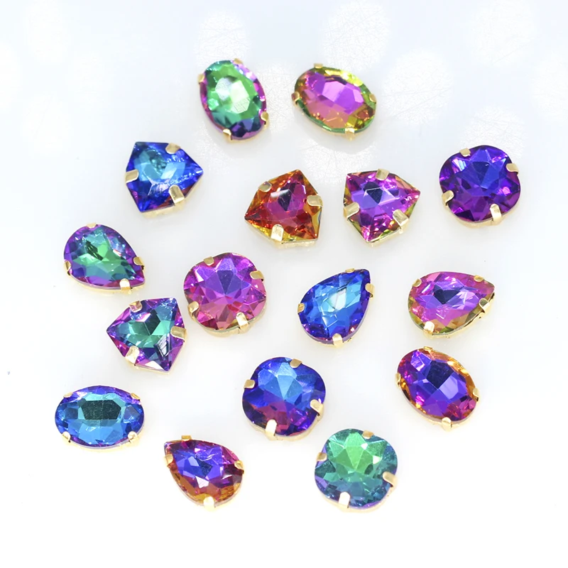 

12p droplet oval flame color sewing embelliment fancy glass stone sew on crystal rhinestone Jewel Gold setting DIY clothing trim