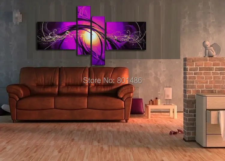 

100% hand painted 4 pieces Purple and Black Line Modern Abstract art oil painting for Living Room Bed Room Office Decoration