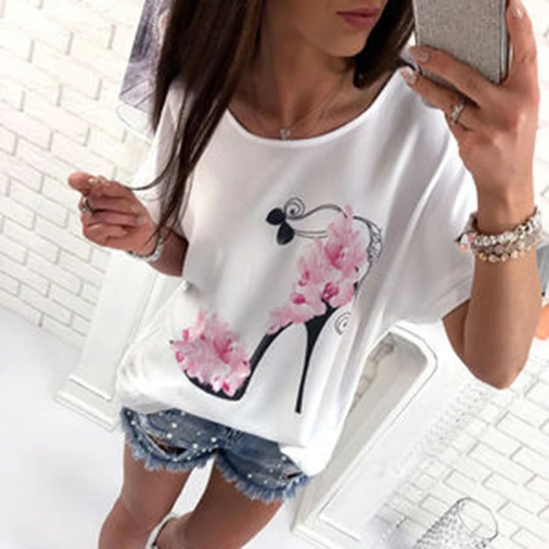 Летние женские футболки с коротким рукавом на высоком каблуке Топы принтом