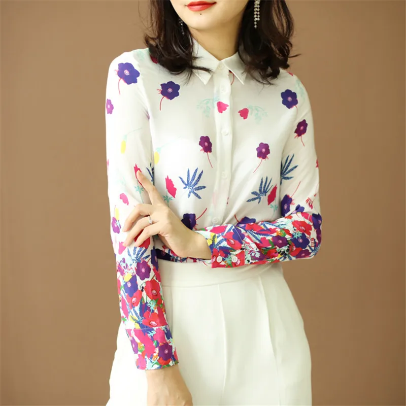 Винтаж Женский с цветочным принтом шелковая блузка 100% натуральный шелк базовые