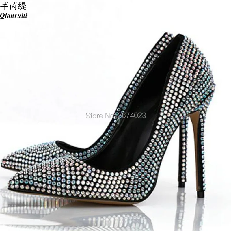 

Qianruiti Diamonds Pumps Women Sparkle Pointed Toe High Heels Bling Crystal Stiletto Heels Celebrity Party Dress Shoes 2018