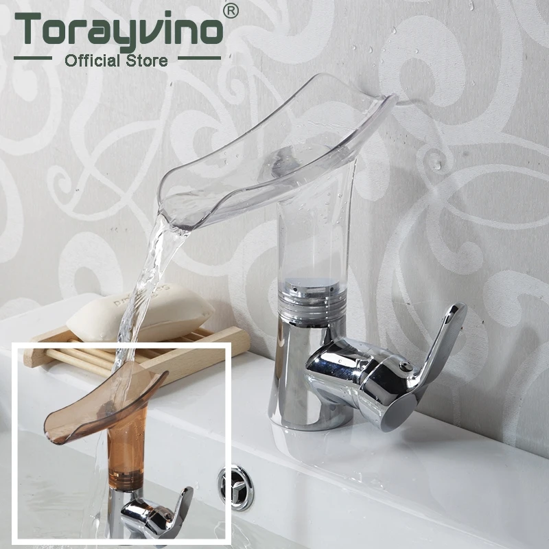 

Torayvino Bathroom Basin Sink Waterfall Faucets Acrylic Spout Vessel Sink Faucet Cold And Hot Water Mixer Deck Mounted Tap