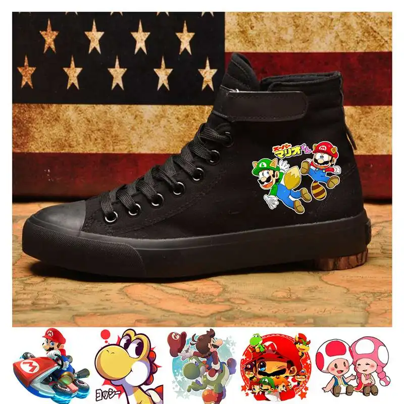 Mario Bros принт с героями мультфильмов; с высоким берцем; парусиновая верхом кроссовки Колледж по индивидуальному заказу модные Для мужчин обувь A193161