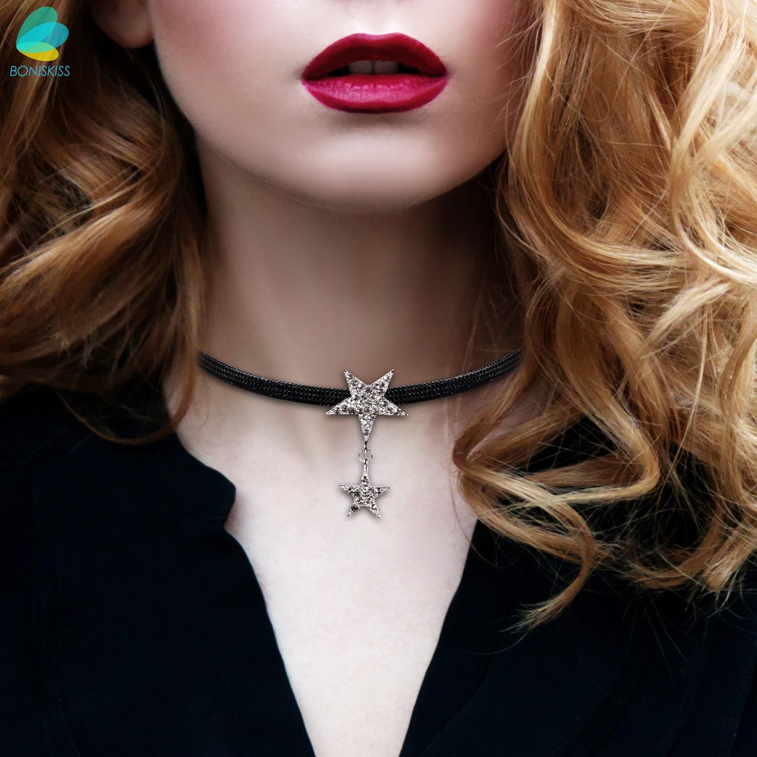 Женский кожаный чокер BONISKISS черная Подвеска из нержавеющей стали с