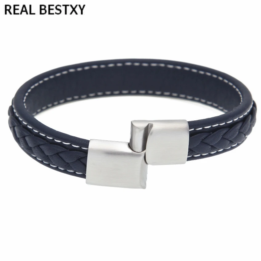 matt silver blue Настоящий BESTXY Пользовательский логотип плетеный кожаный браслет для мужчин и женщин магнитный браслет со стальными элементами мужские браслеты ювелирные изделия - Окраска металла: matt silver blue