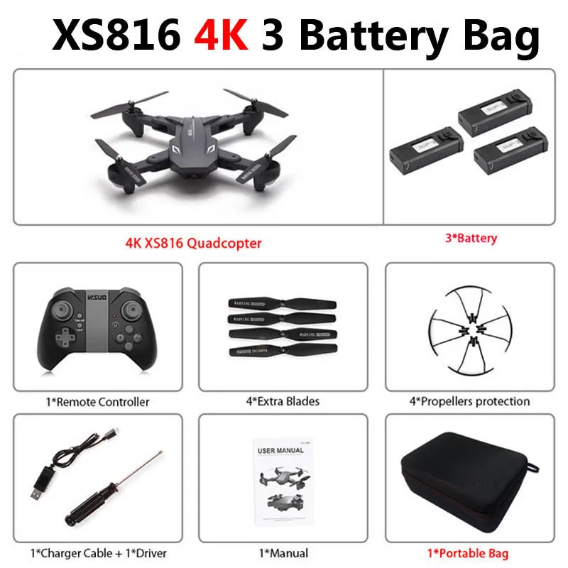 Visuo XS816 складной Дрон с двойной камерой 4K WiFi FPV селфи широкоугольный оптический поток позиционирования RC Квадрокоптер вертолет игрушки - Цвет: 4K 3 Battery Bag