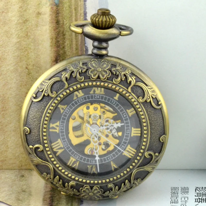 

New Steampunk Skeleton Mechanical Bronze Pocket Watch Men Vintage Hand Wind Clock Necklace Pocket & Fob Watches With Chain