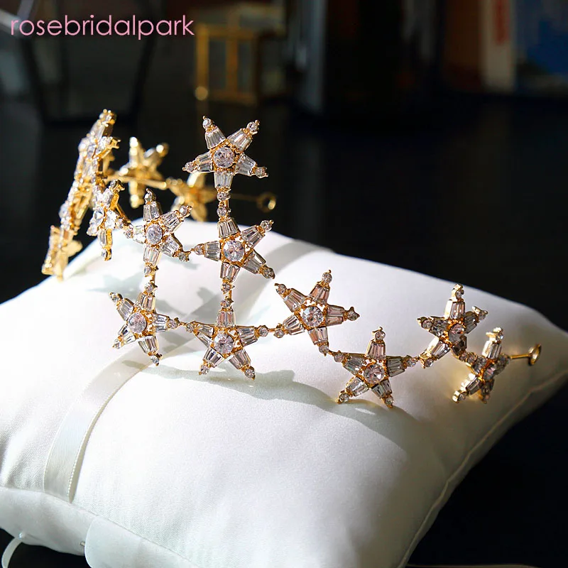 Rosebridalpark модный кубический цирконий для невесты свадебное украшение на голову повязка для волос Тиара звезда украшения для волос аксессуары для волос Корона