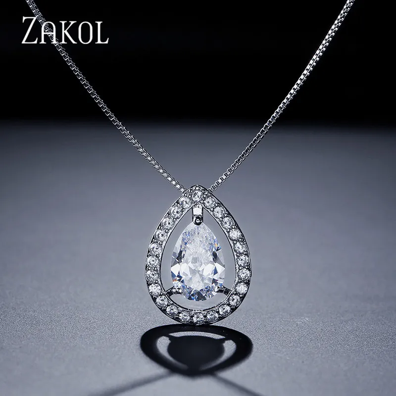Zakol Новая мода Дизайн Медь Water Drop Кулон Цепочки и ожерелья большой камень CZ
