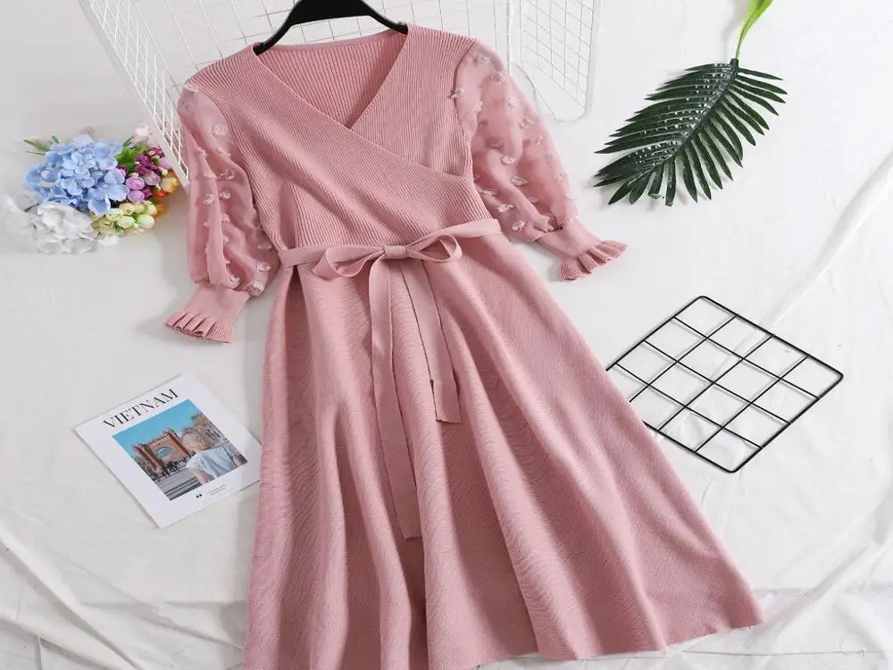 Women Dress Женское осеннее трикотажное шифоновое платье с v-образным вырезом в стиле пэчворк, эластичное Цветочное платье с бантом, новое цельнокроеное платье с рукавом-фонариком и поясом - Цвет: Women Dress