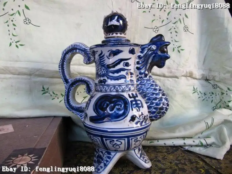 Бесплатная доставка 14 &quotКитайский винтажный синий и белый фарфор куриный чайник