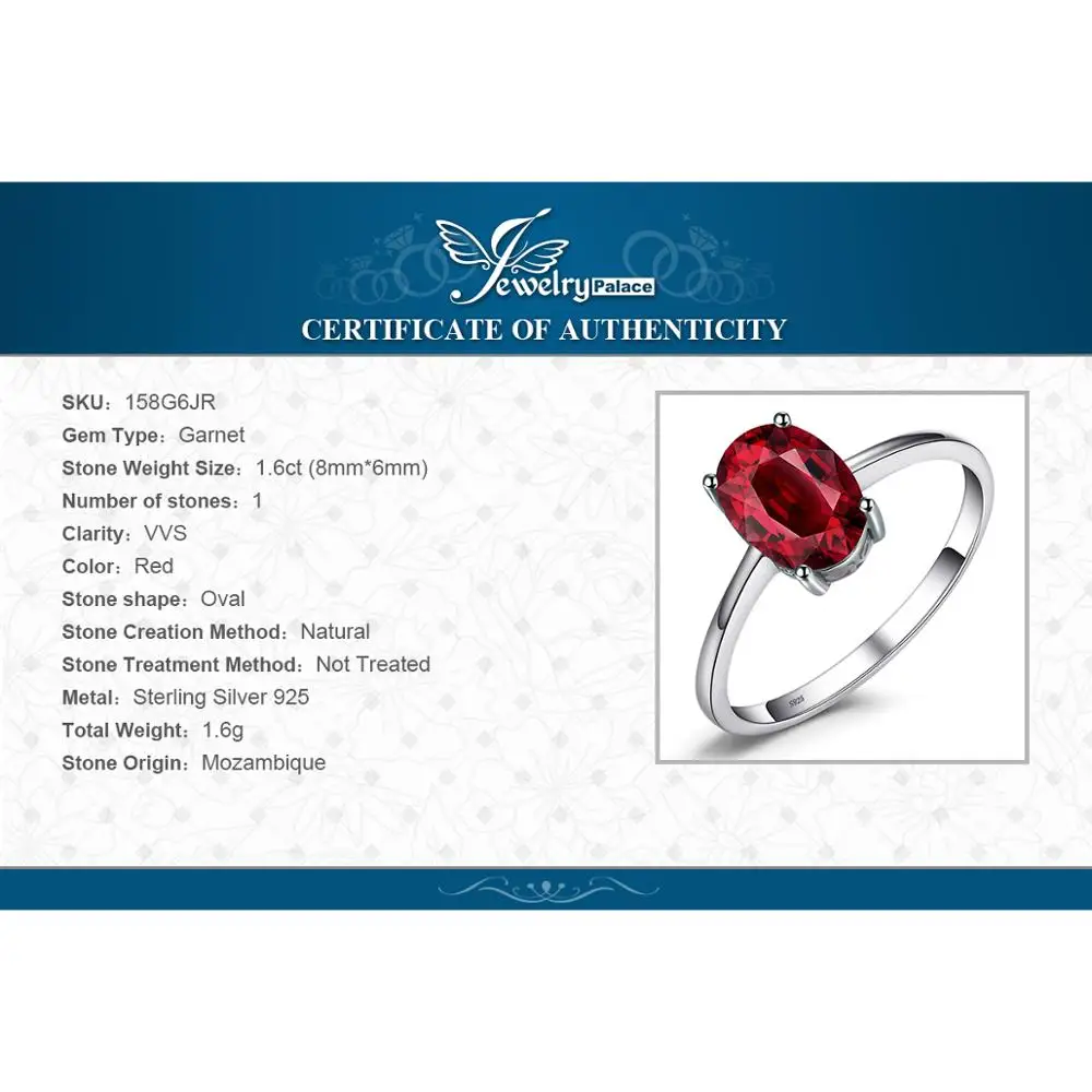 Jewelrypalace 1.6ct Подлинная красный гранат Solitaire Кольца для Для женщин овальным вырезом Solid 925 серебро Талисманы модные Интимные аксессуары