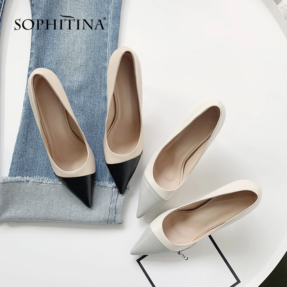 SOPHITINA/пикантные туфли лодочки на очень высоком тонком каблуке высококачественные из коровьей кожи с острым