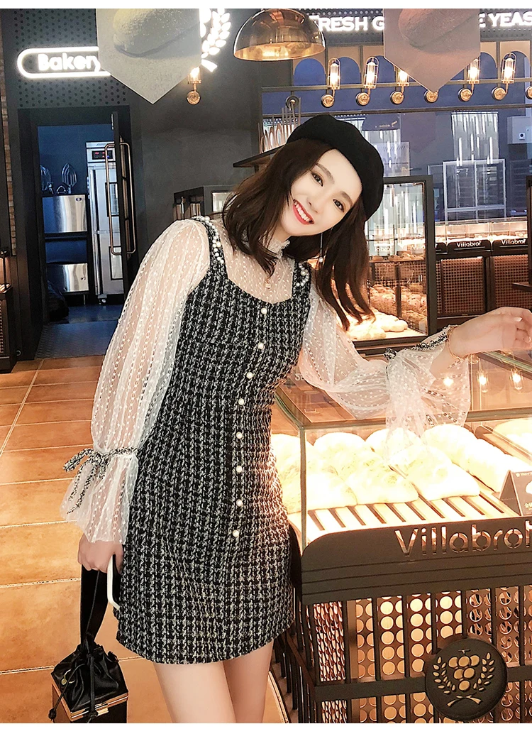 Two Pieces Set Mesh Tops Spaghetti Strap Dress Sexy Lantern Sleeve Mini Vest Dresses Ladies Fashion Elegant Party Dress New