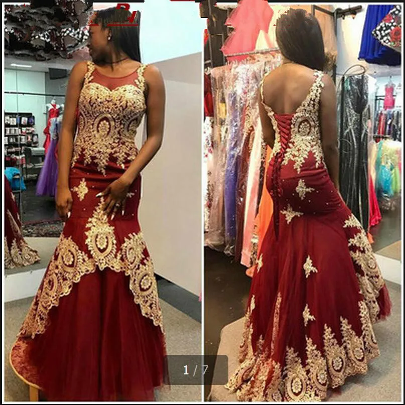2017 Vestido De Novia Русалка бордовое Золотое кружевное платье для выпускного расшитое