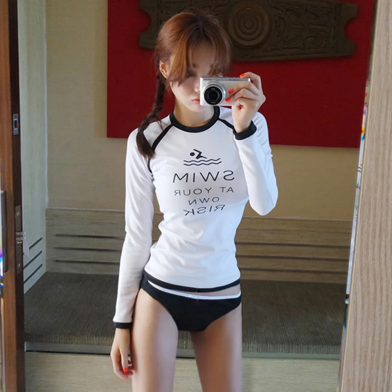 New Sexy Korean Style Women's Three Pieces Swimsuit Women Biquini Suit Sunscreen Letter Long Sleeved Swimwear Diving suit | Спорт и