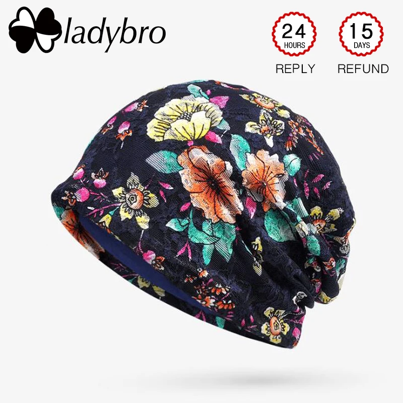 

Ladybro, осенняя женская шапка бини, кружевная хлопковая шапка с цветочным принтом, женская шапка Skullies, шапка бини, женская черная шапка Gorros Femme