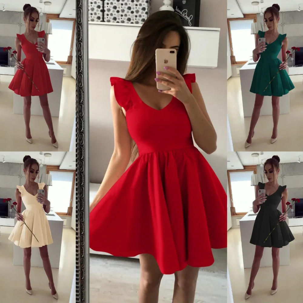 Бальное женское платье лето осень весна Мини сексуальное с оборками без рукавов v