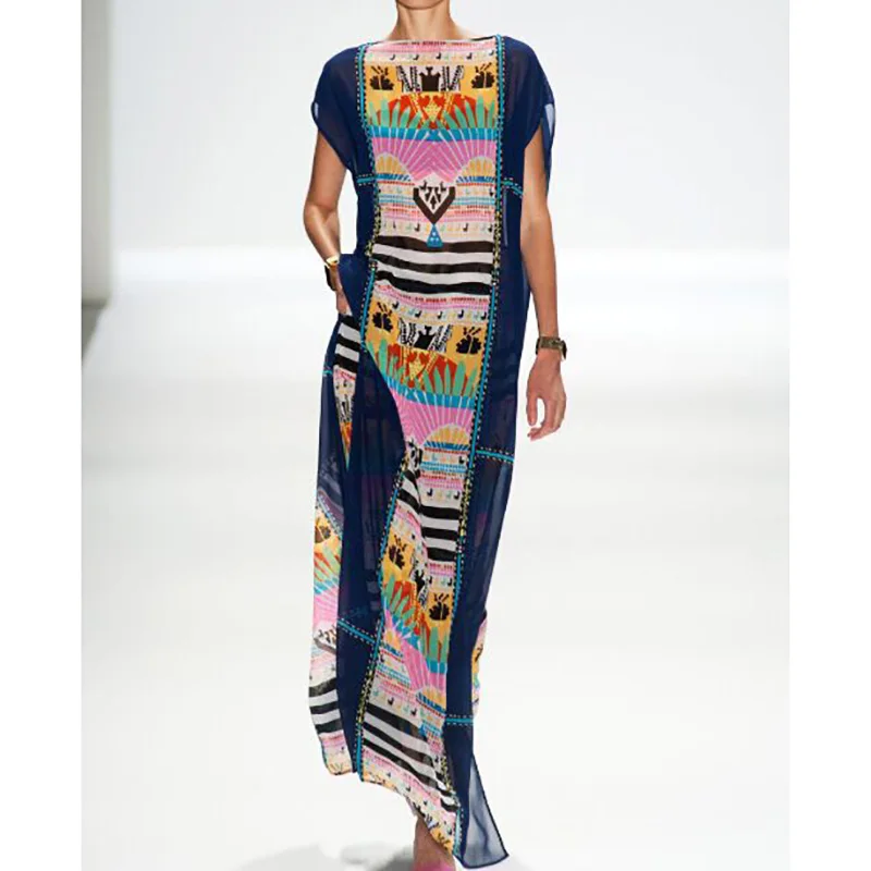 Новый 2021 принт шифоновое пляжное платье Robe de размера плюс Джинсы средней посадки