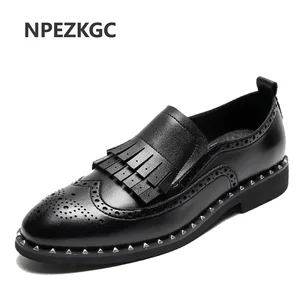 NPEZKGC мужские натуральные кожаные деловые Костюмные туфли мужские брендовые туфли из натуральной кожи черные свадебные туфли с кисточками
