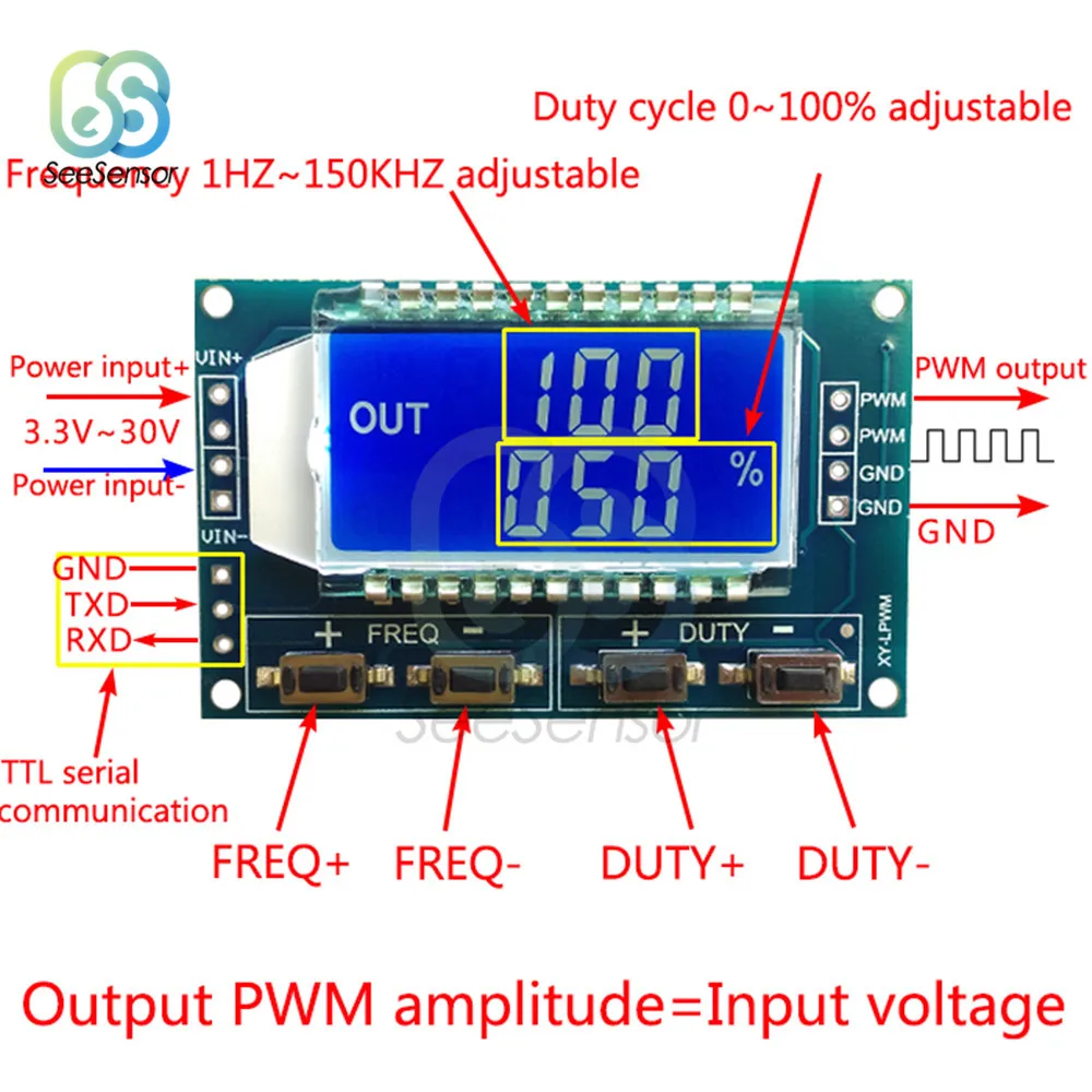 Signal Generator PWM Pulse Frequency Duty Cycle Adjustable Module LCD Display 1Hz-150Khz 3.3V-30V Board | Инструменты