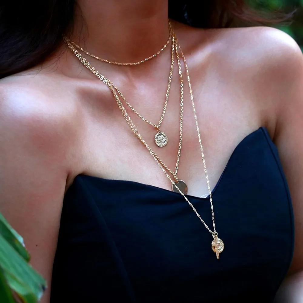 Богемное многослойное металлическое колье чокер ожерелье с круглым крестом