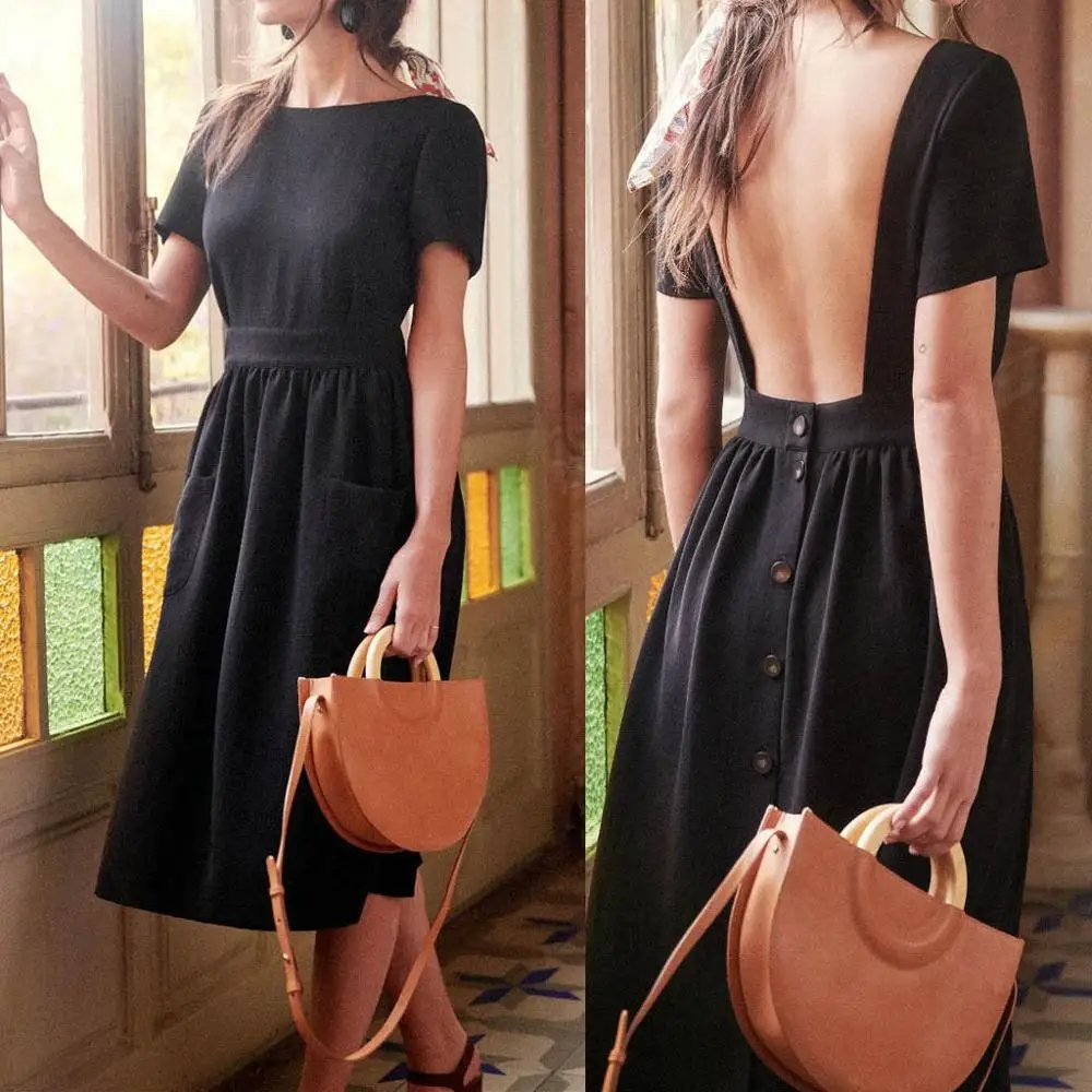 Летнее Повседневное платье с круглым вырезом открытой спиной и пуговицами