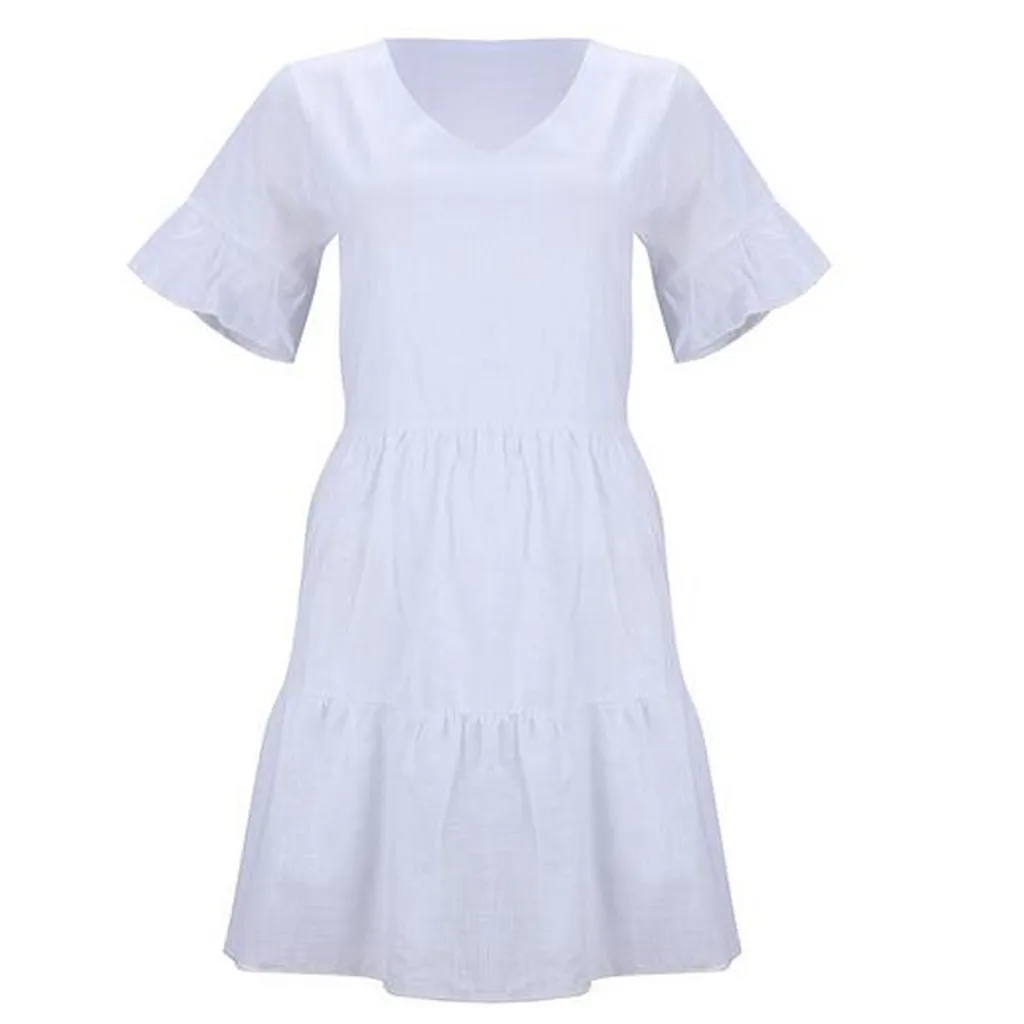 Женское мини-платье с оборками свободный прямой короткий рукав v-образный вырез