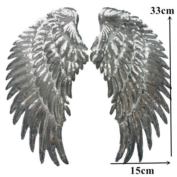 Silver 2 шт. золотые, серебряные, Радужные Блестки, перо, крылья ангела, пришить железные нашивки 33 см для платья, джинсов, рубашки, DIY Аппликации, украшения - Цвет: Silver